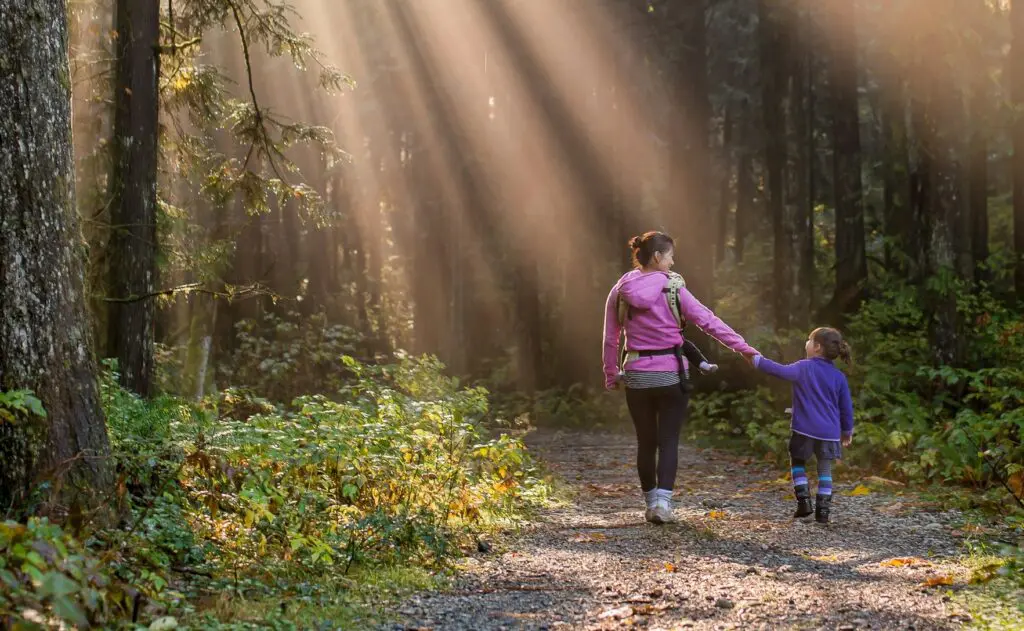 Mum and daughter walking in the woods.